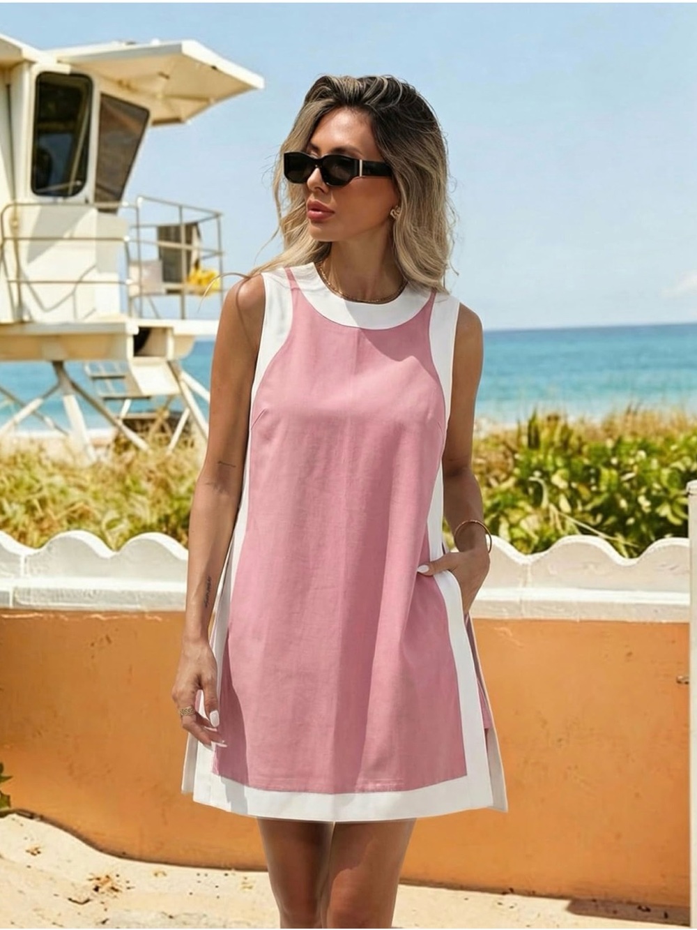 Pink and White Sleeveless Two-Piece Women's Set - Picture 2 of 9